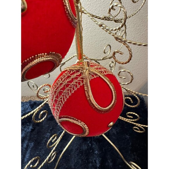 Vintage West Germany Koestel Christmas Ornaments 5 " BALL Red Velvet Gold Set - Picture 5 of 11